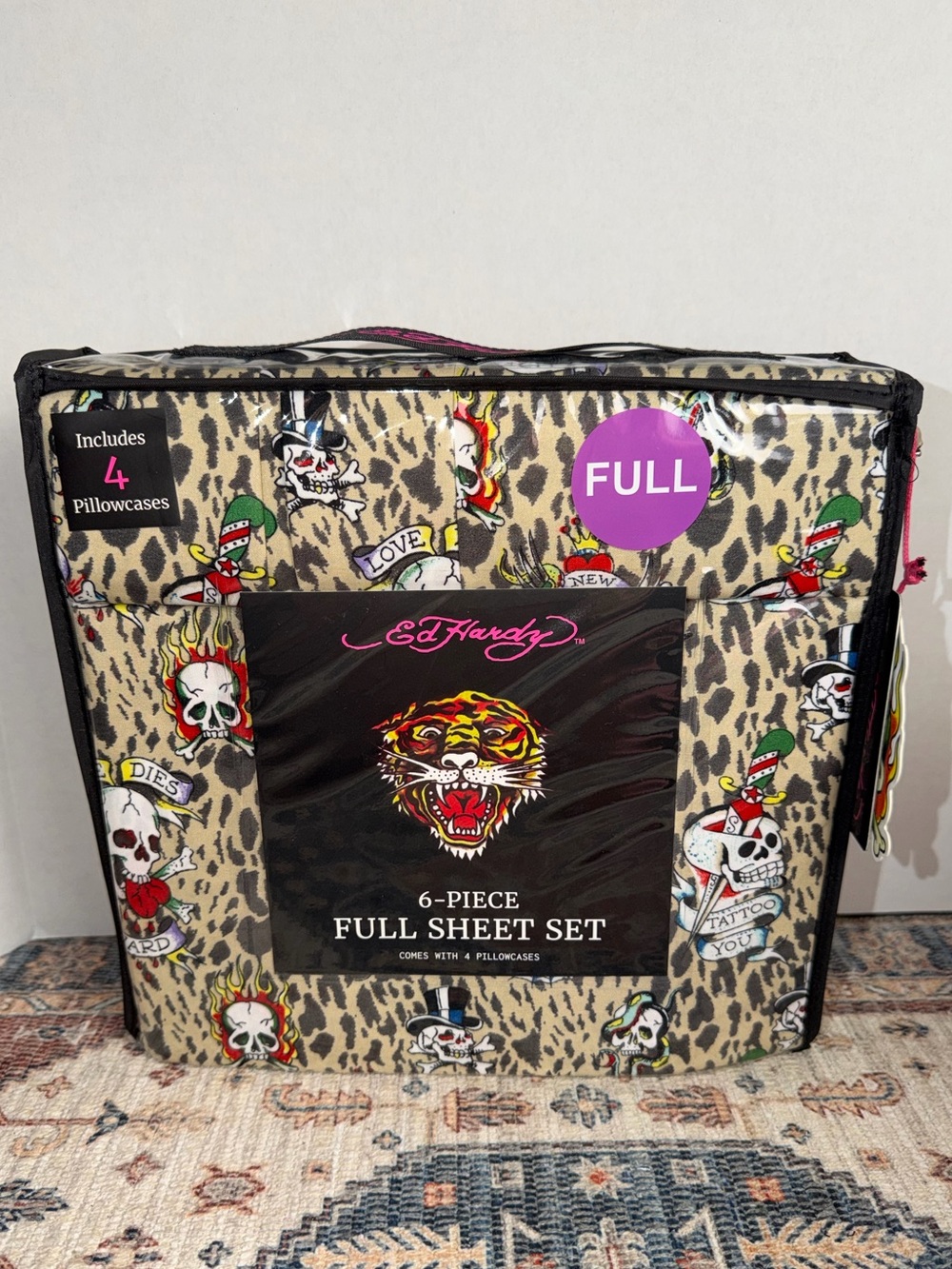 Ed Hardy Leopard Tattoo Print Bedding in Tan, Black, Red, Green